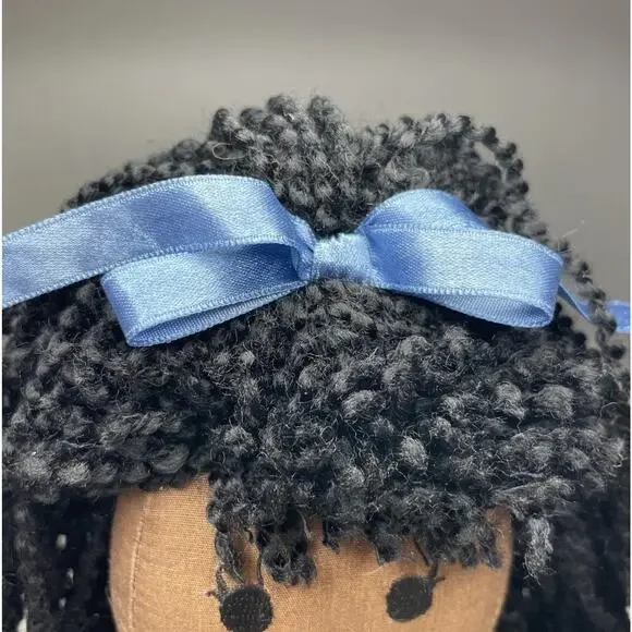 Vintage Baby Gap Girl Doll Black Yarn Hair Blue Denim Dress Flower - No Tags